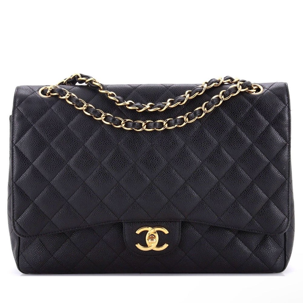 Chanel Black Quilted Leather Bag- caviar maxi in gold details (2014-2015)